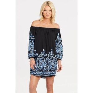 Allison Joy Womens XS Off Shoulder Embroidered Floral Dress Blue Black Bohemian